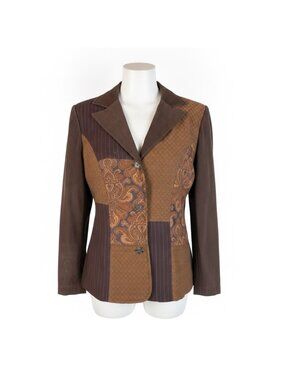 Elementz Womens Brown Multi-Pattern Patchwork Blazer Sz S